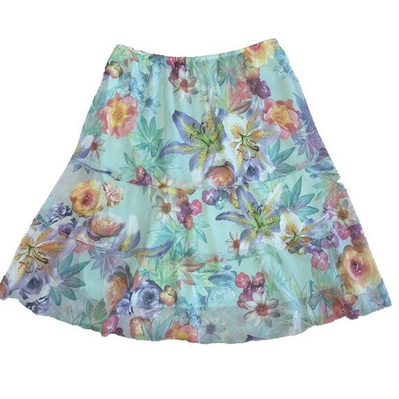 Alfred Dunner Midi Skirt Aqua Blue Floral Tiered Boho Beach Flowy Size XL - Picture 1 of 7